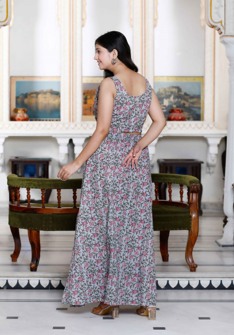 Miravan Women's Grey Floral Printed Crop Top And Skirt Co-Ord Set - Swadesiicart