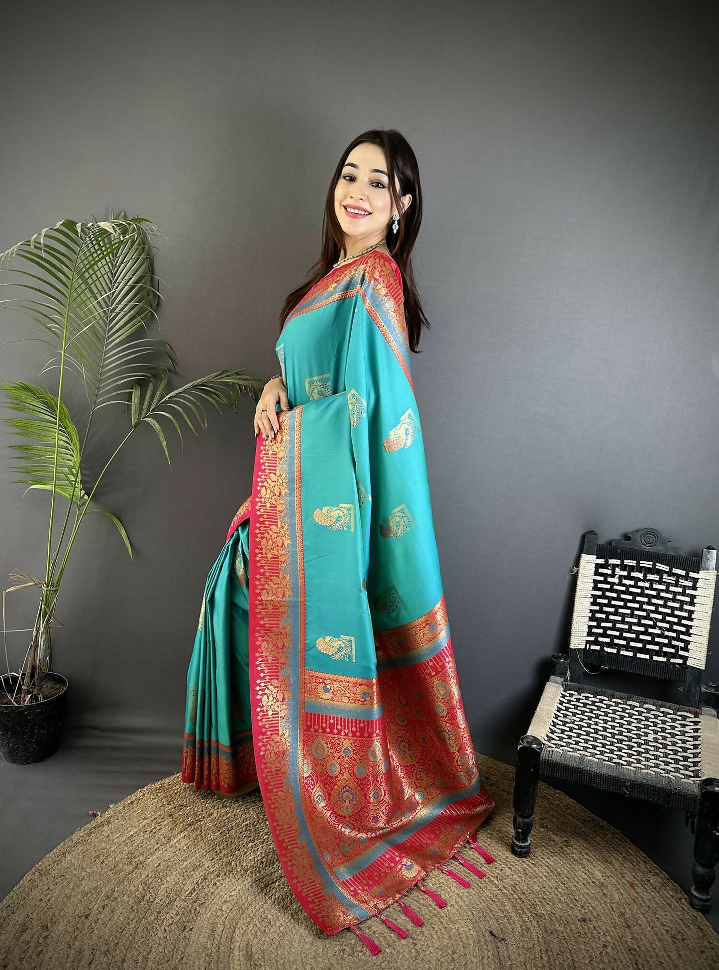 Joban Fashion Aqua Green Banarasi Soft Silk Peacock Butta Work Saree | Swadesiicart
