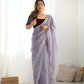 Attrctive Looking Gold Jari, Sequance Embroidery Work Twill Net Party Wear Saree - Lavender