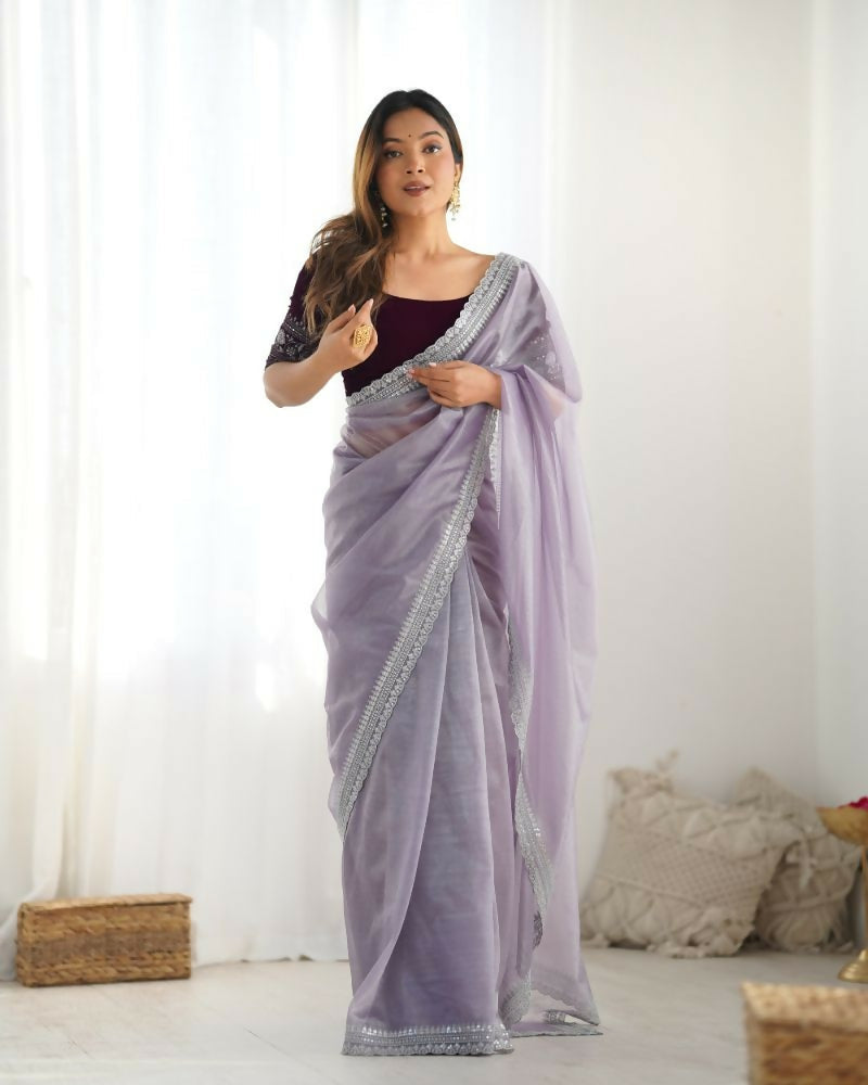 Attrctive Looking Gold Jari, Sequance Embroidery Work Twill Net Party Wear Saree - Lavender