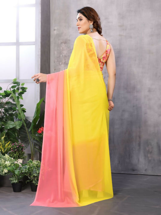 Partywear Designer Yellow & Pink Georgette Fancy Saree - Satrangi | Swadesiicart