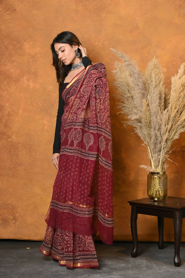 Very Much Indian Pure Kota Cotton Handblock Printed Saree - Red | Swadesiicart