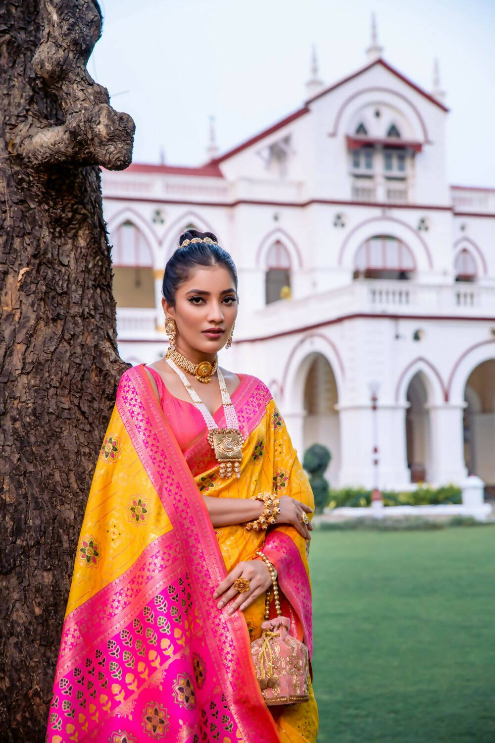 Vishnu Weaves Women's Yellow Patola Banarasi Silk Meenakari Zari Woven Saree with Blouse - Swadesiicart