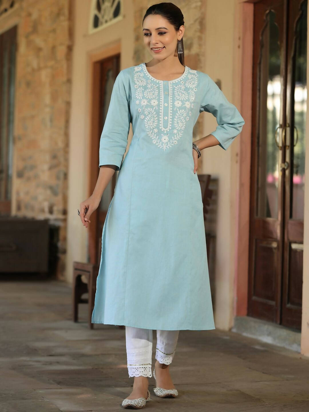 Juniper Women's Blue Cotton Flex Embroidered Straight Kurta | Swadesiicart