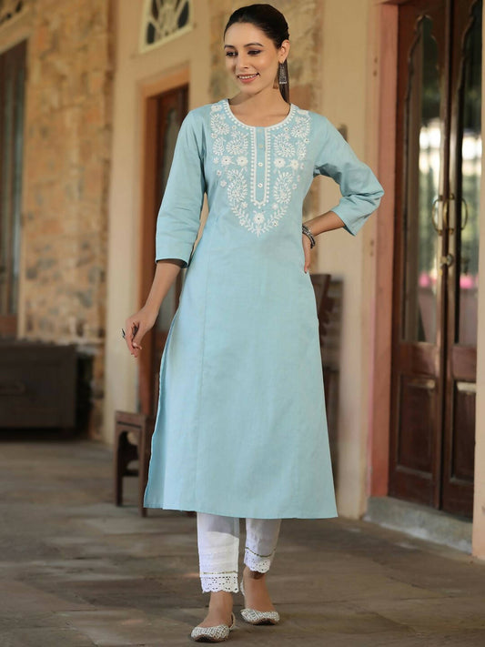 Juniper Women's Blue Cotton Flex Embroidered Straight Kurta | Swadesiicart