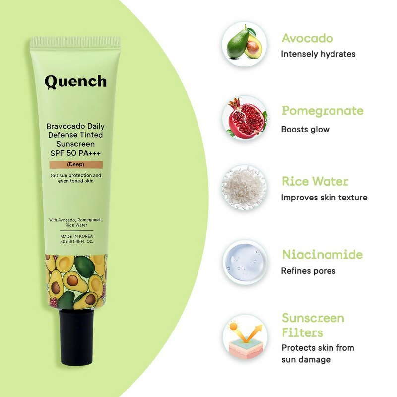 Quench Vitamin E Tinted SPF 50 Sunscreen PA+++ with both Mineral & Chemical Actives (Deep) | Swadesiicart