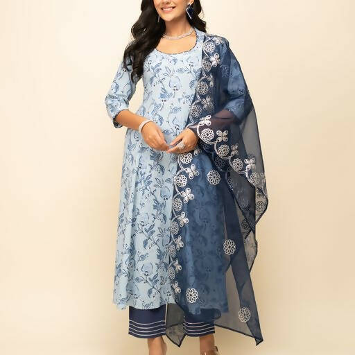 FIORRA Women's Light Blue Cotton Flared Kurta Pant with Dupatta - Swadesiicart