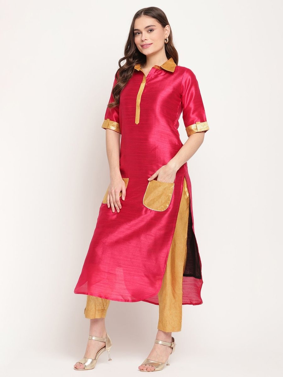 Ahalyaa Women's Dark Pink Poly Silk Kurta Trouser Set | Swadesiicart