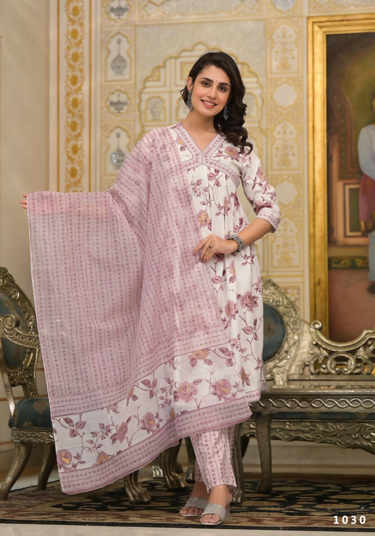 Partywear Designer Lavender Cotton Stitched Suit With Dupatta - Tanisha | Swadesiicart