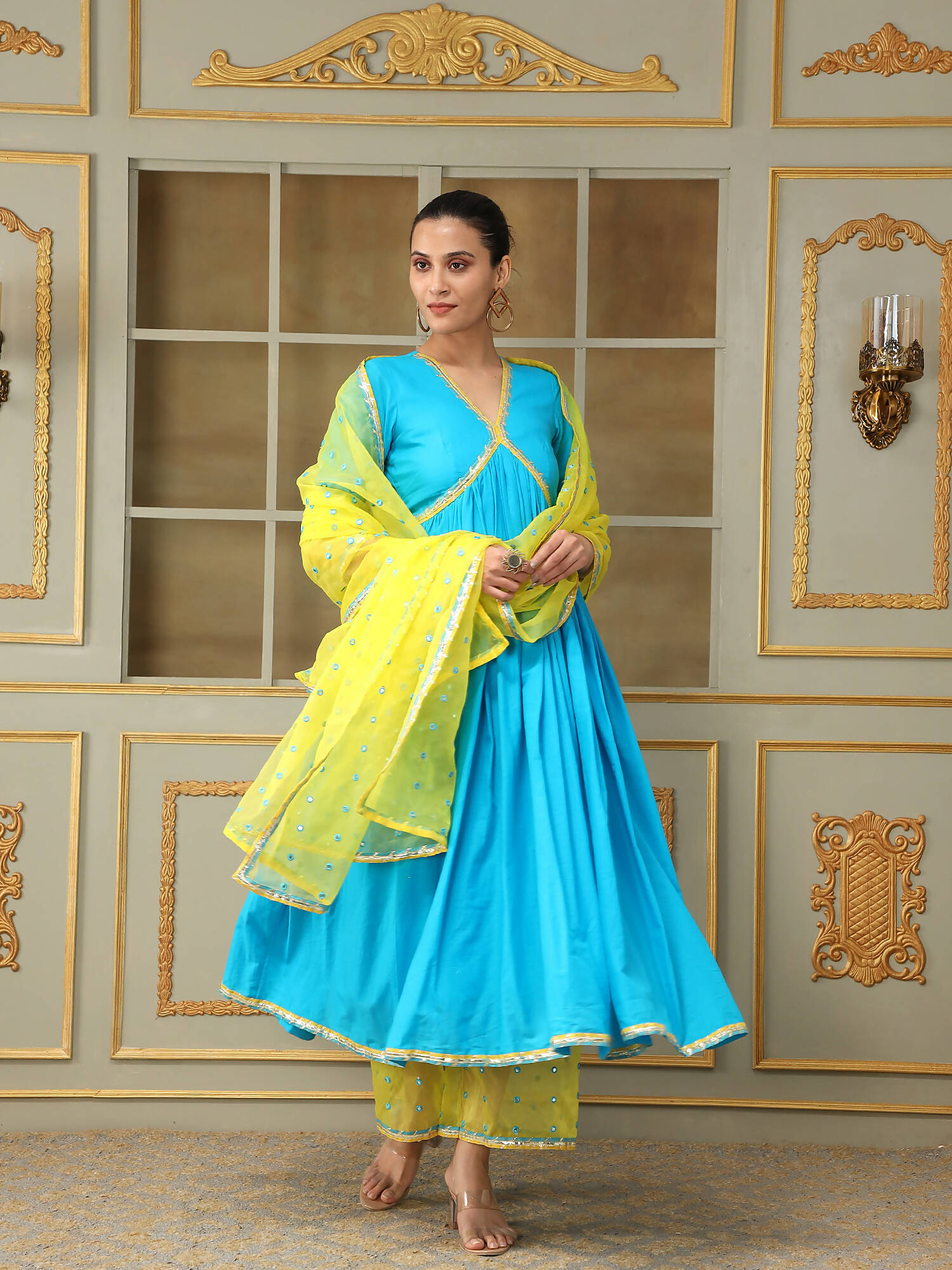 Pomcha Jaipur Blue Saadgi Blue Mirror Work Anarkali Set | Swadesiicart