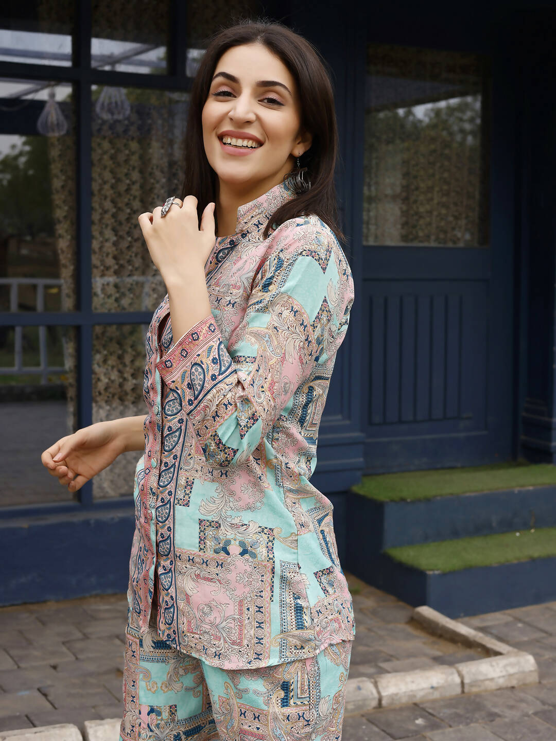 Pink & Blue Rayon Paisley Printed Top with Matching Bottom - Eesha - Swadesiicart
