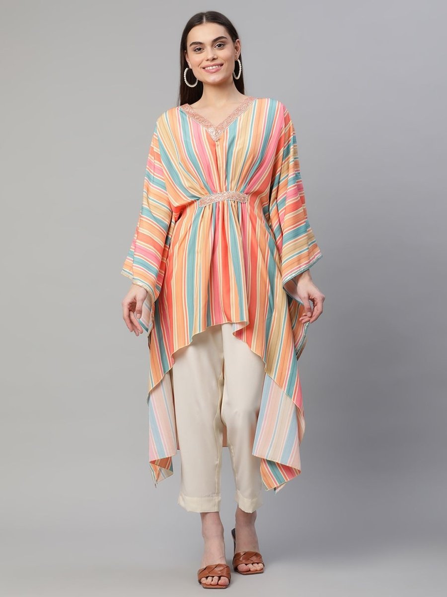 Ahalyaa Women Multi Color Crepe Striped Printed Kaftan Kurta With Trousers | Swadesiicart