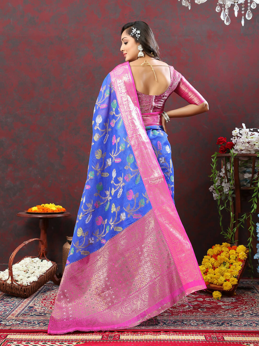 Lorenvalley Fashion Blue Cotton Woven Design Zari Meenakari Weaving Saree - Swadesiicart