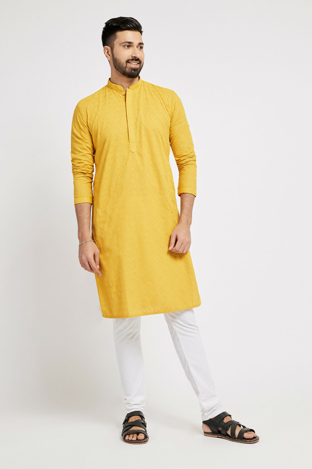 Ethnic India Yellow Men's Kurta Ethnic Motifs Cotton | Swadesiicart
