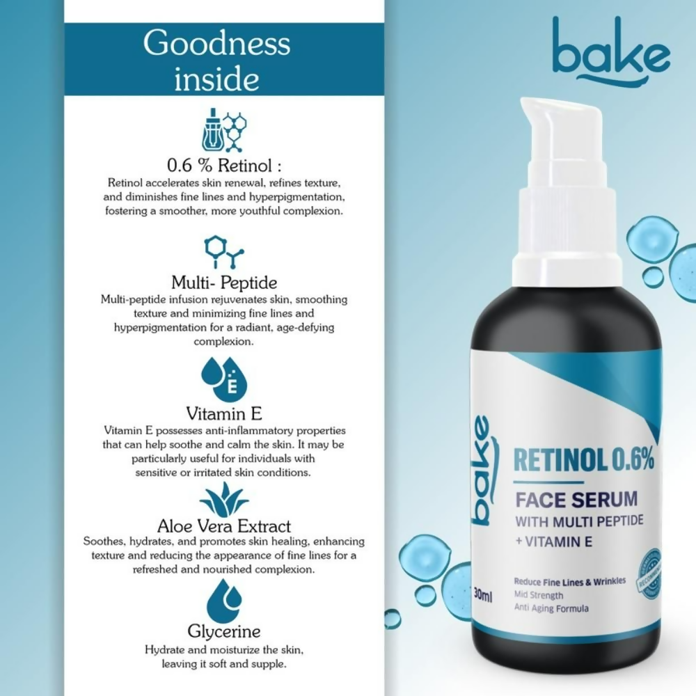 Bake 0.6% Retinol Mid Strength Face Serum With 2% Multi Peptide & Vitamin E | Swadesiicart