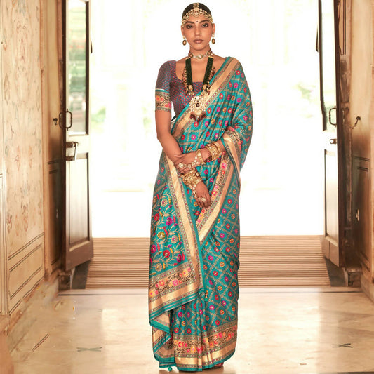 Turquoise Silk With Banarasi Print Work Saree - Trirath Yamuna | Swadesiicart