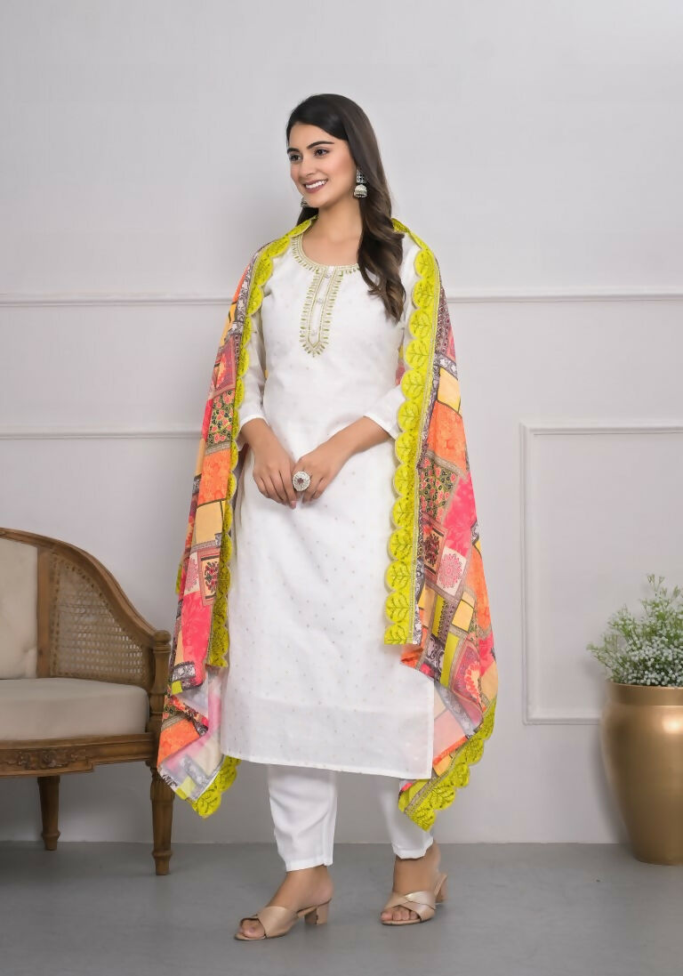 White Viscose Silk Embroidery with Thread and sequence Stitched Suit With Dupatta - Tanisha | Swadesiicart