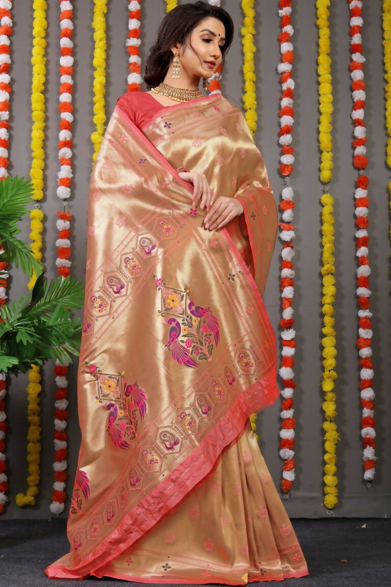 Jyoti Fashion Women's Peach Paithani Silk Zari Woven Saree with Blouse | Swadesiicart