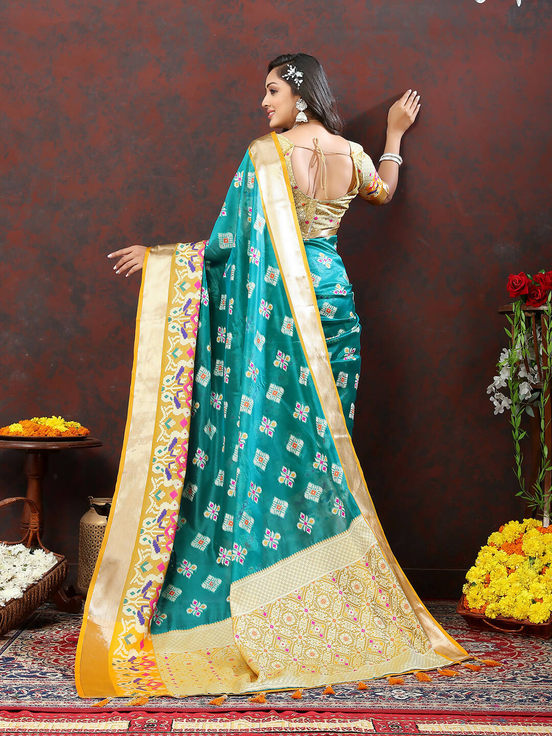 Lorenvalley Fashion Teal Organza Silk Woven Design with Meenakari Weaving Saree - Swadesiicart