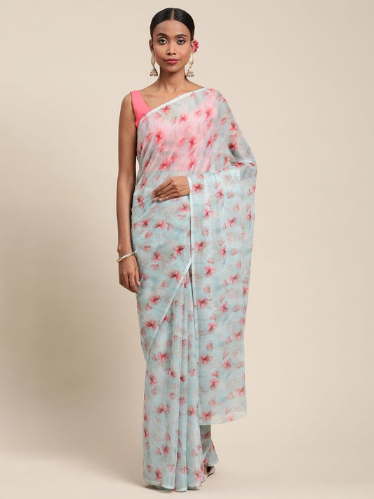 Ahalyaa Women's Summer Blue Chiffon Digital Print Floral Saree | Swadesiicart