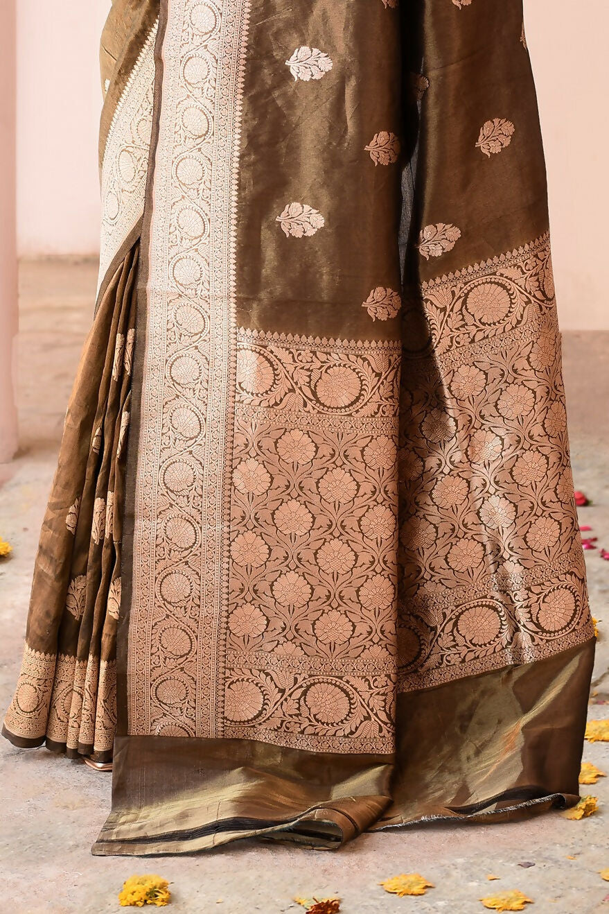 Joban Fashion Olive Green Banarasi Katan Pure Handloom Banarasi Silk Saree | Swadesiicart