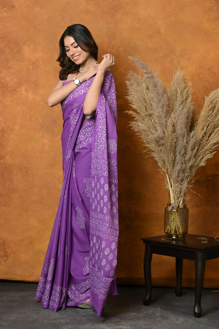 Very Much Indian Handblock Printed Cotton Saree With Natural Dyes - Purple | Swadesiicart