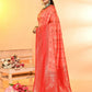 Joban Fashion Peach & Red Plain With Weaving Border Banarasi Silk Sarees | Swadesiicart