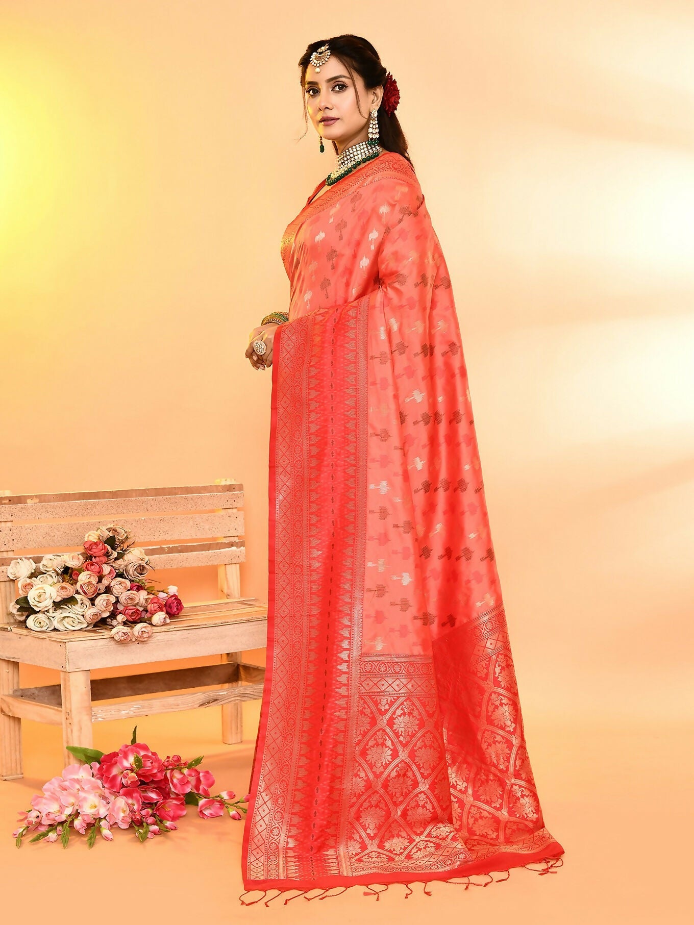 Joban Fashion Peach & Red Plain With Weaving Border Banarasi Silk Sarees | Swadesiicart