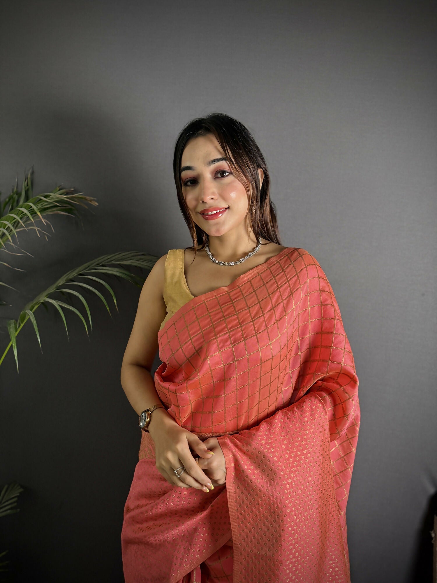 Joban Fashion Peach Banarasi Soft Lichi Silk Checks & Woven Saree | Swadesiicart