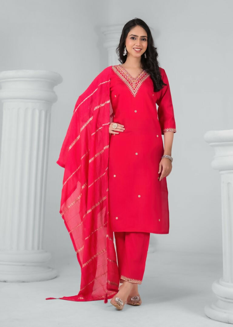 Ethnic Festive Wear Chanderi Red Stitched Suit With Dupatta - Tanisha | Swadesiicart