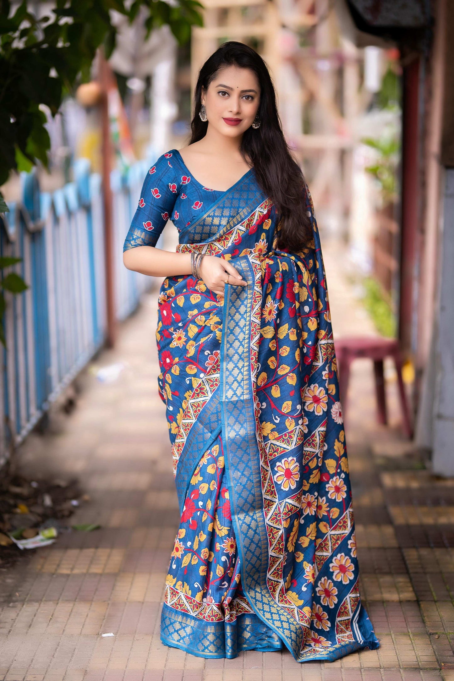 Blue Slub Silk Printed Saree with Unstitched Blouse - Hiral Fashion | Swadesiicart