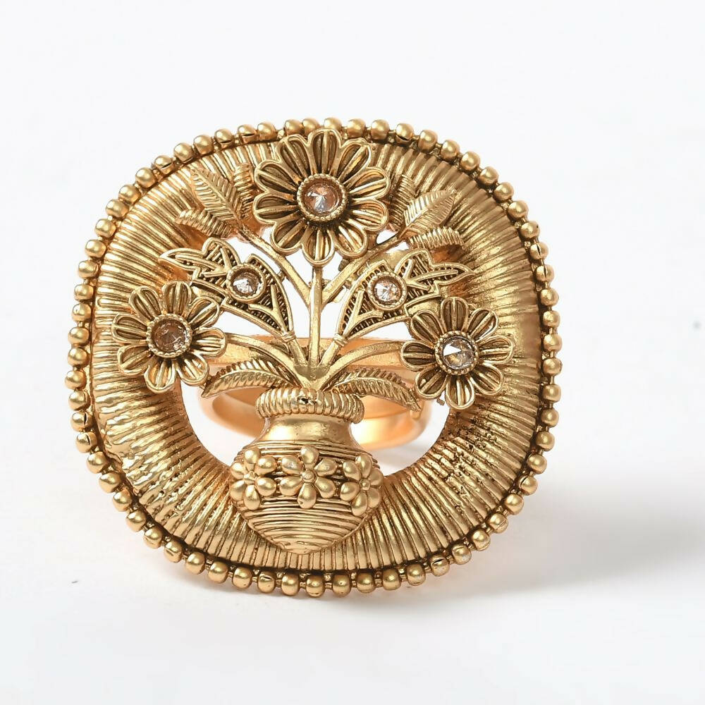 Mominos Fashion Joharkamal Gold-Polished Stone Studded Adjustable Finger Ring - Design 15 | Swadesiicart