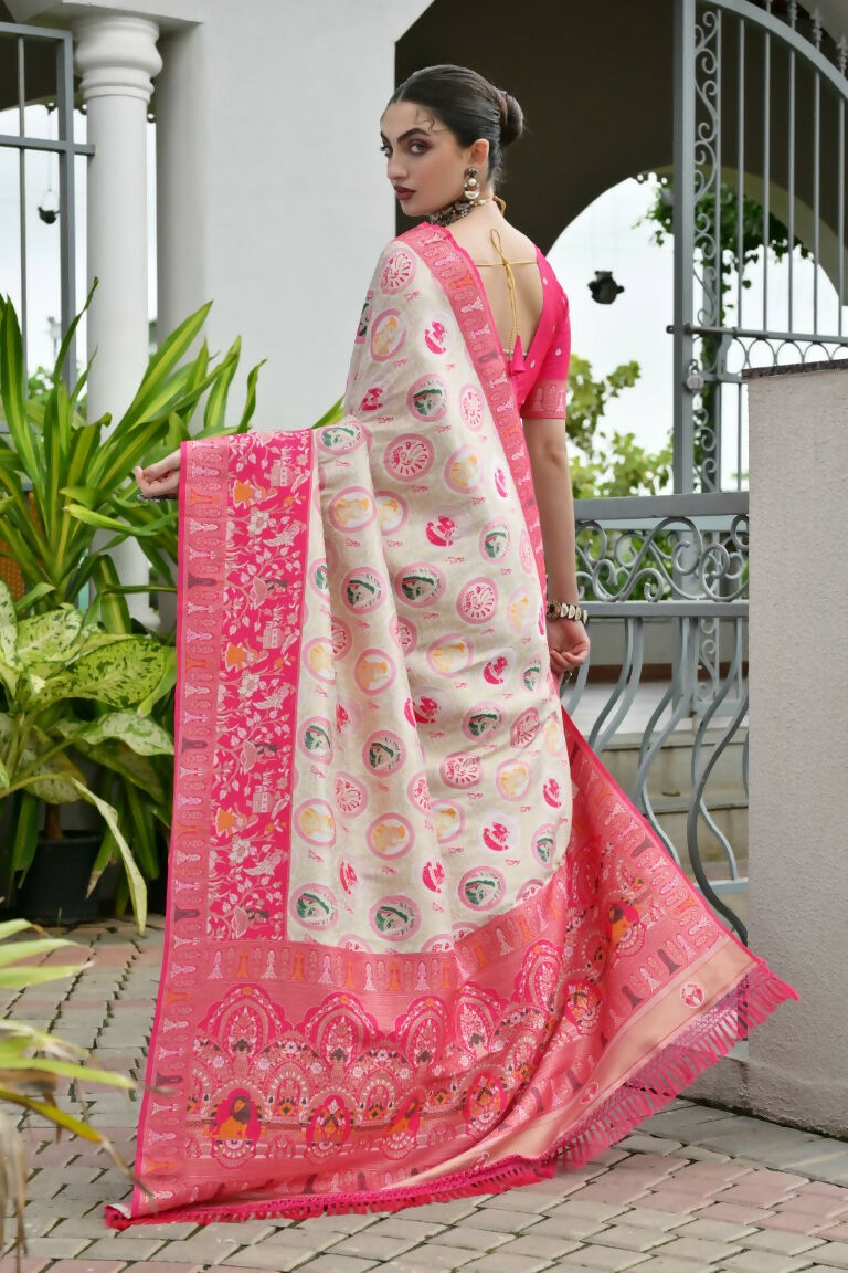 Vishnu Weaves Women's Pink Banarasi Silk Patola Zari Woven Saree with Blouse - Swadesiicart
