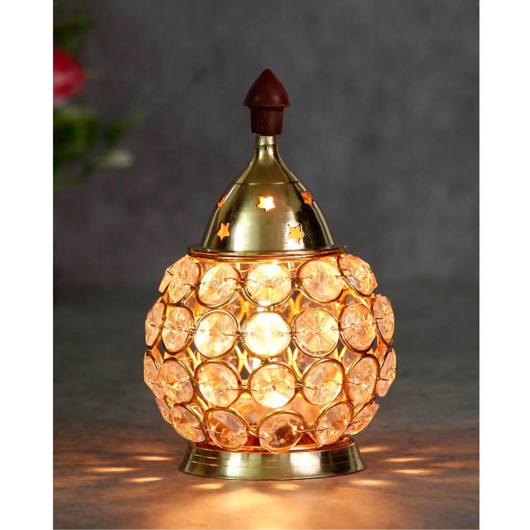 eCraftIndia Gold-Toned & Transparent Crystal & Brass Akhand Diya | Swadesiicart