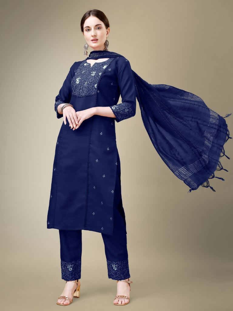 Jyoti Fashion Women's Navy Blue Cotton Blend Embroidery & Fancy Lace work Kurta with Trouser & Dupatta | Swadesiicart