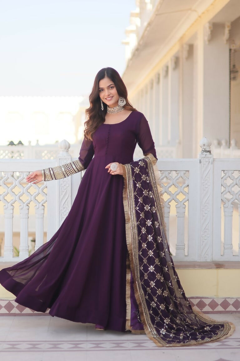 Jyoti Fashion Women's Wine Faux Blooming Sequins Zari Embroidered Anarkali Dress with Dupatta | Swadesiicart