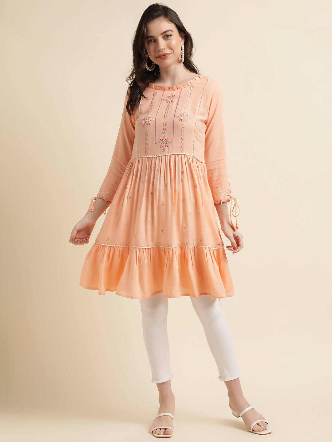 Peach Poly Cotton Yoke Embroidered A-line Top - Tarini - Swadesiicart