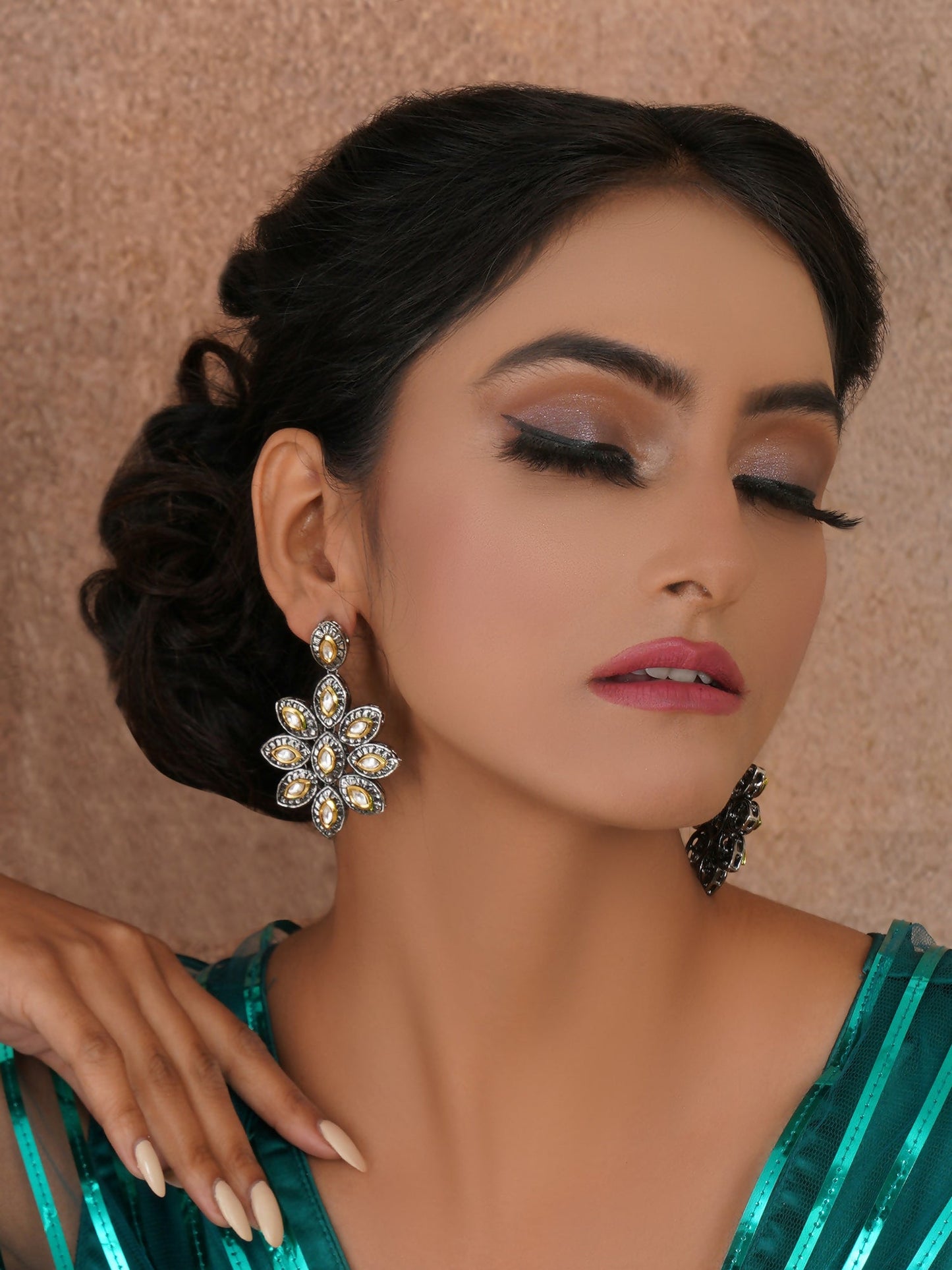 Dual Tone Kundan Flower Studs (silver) - Ruby Raang - Ruby Raang Studio