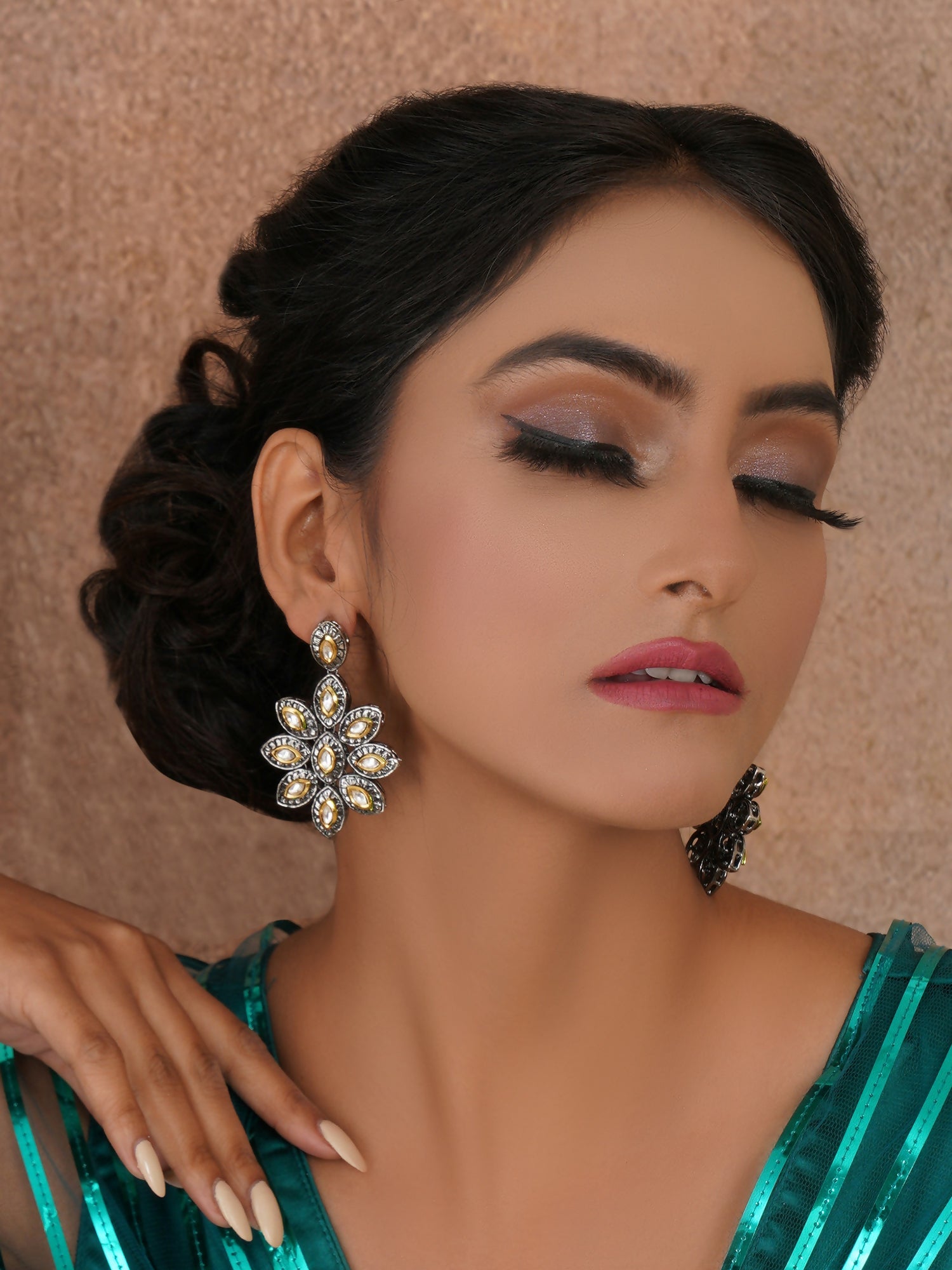 Dual Tone Kundan Flower Studs (silver) - Ruby Raang - Ruby Raang Studio