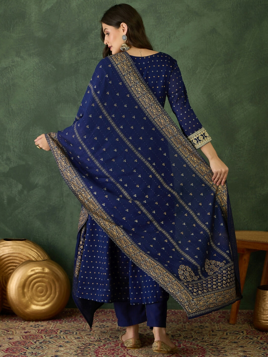 The52 Blue Women's Gorgeous Embroidered Work Vichitra Silk Fabric Flared Kurta Pant and Dupatta Set - Swadesiicart