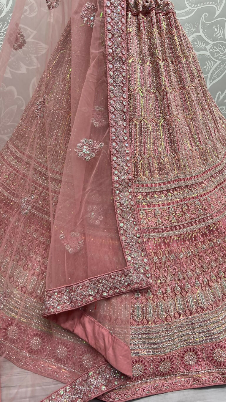 Jyoti Fashion Women's Pink Heavy Net Fancy Dori, Multi Thread, Rainbow Sequins and Diamond Work Wedding Lehenga Choli | Swadesiicart