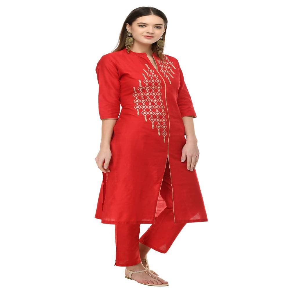 Lagi Women's Red Poly silk Straight Embroidred Kurta Pant (RO115B) | Swadesiicart