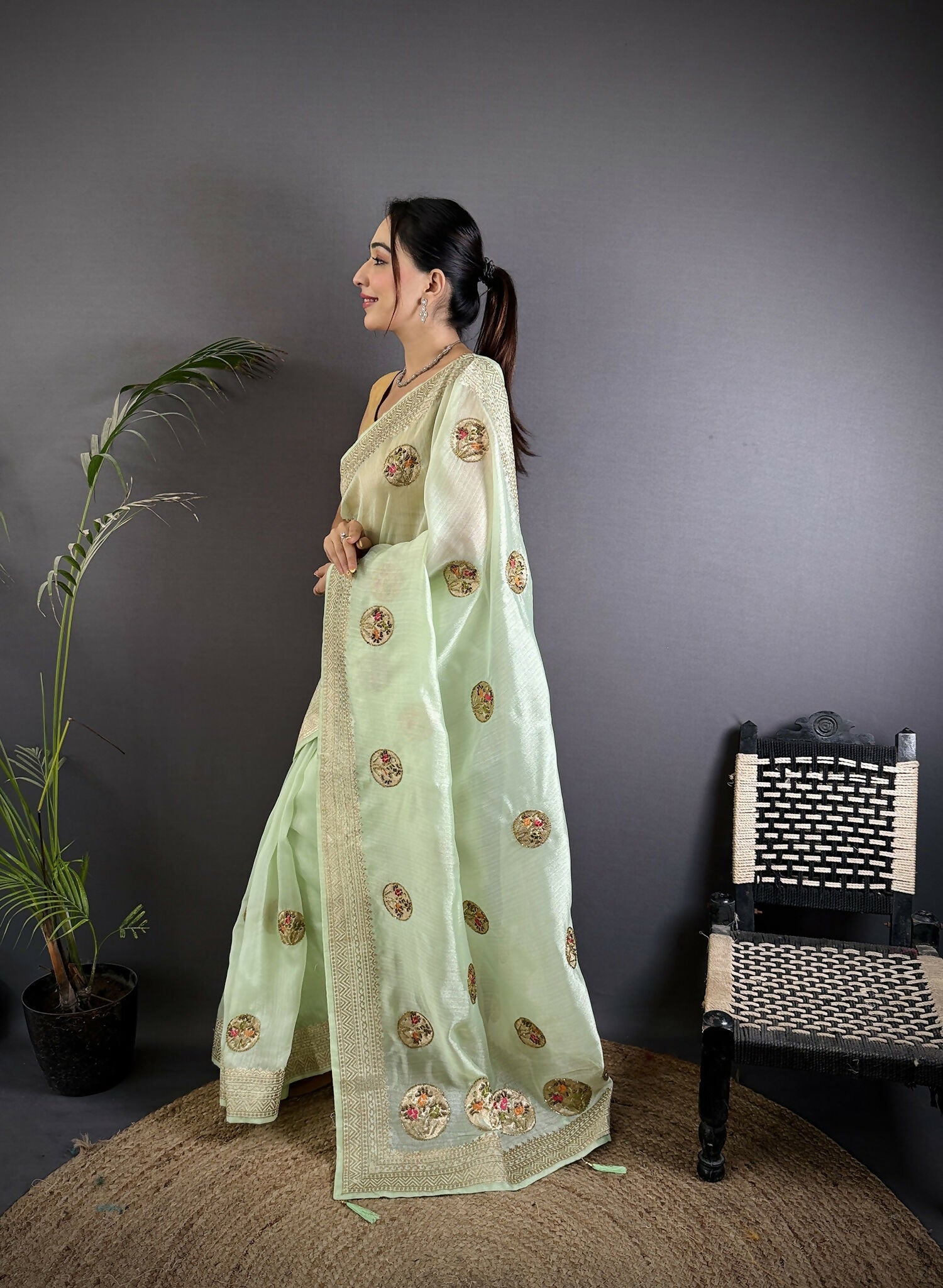Joban Fashion Light Green Handloom Banarasi Organza Silk Khatali Butta Work Saree | Swadesiicart