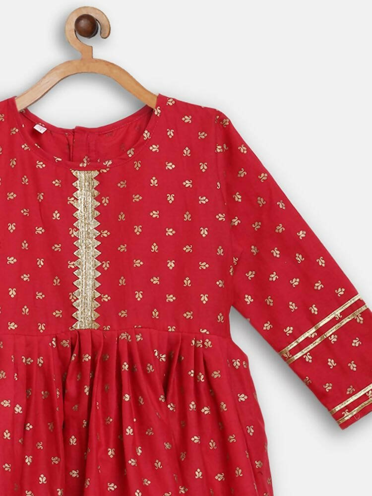 Ahalyaa Red Crepe Gold Printed Kids Kurta Sharara Set For Girls | Swadesiicart