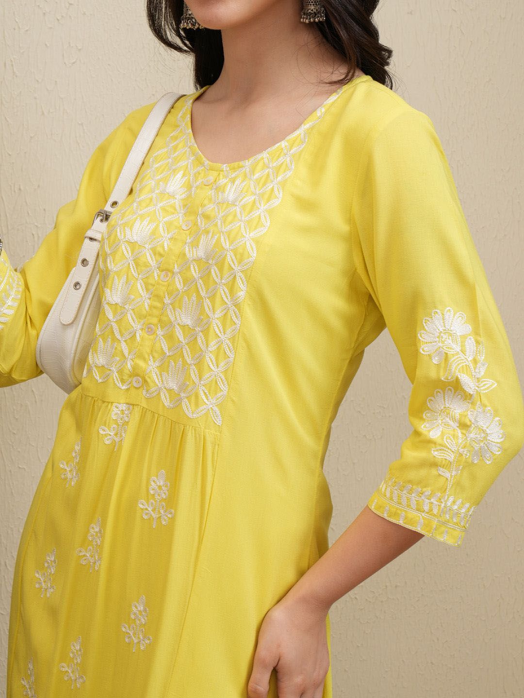 Vishudh Yellow Floral Embroidered Round Neck Thread Work Straight Kurta With Palazzos - Swadesiicart
