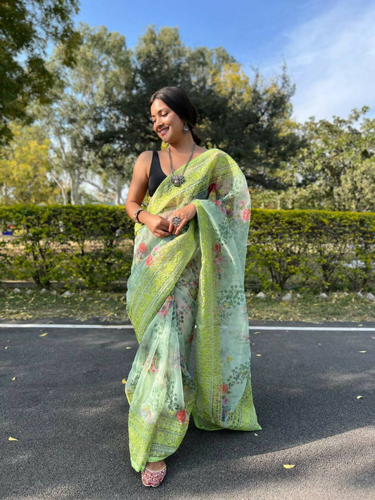 Vamsee Green Organza Saree - Swadesiicart