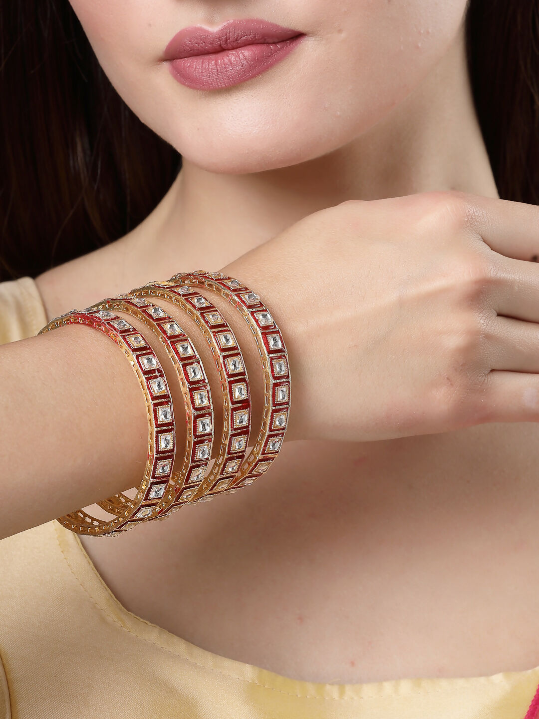 NVR Women's Set Of 4 Gold-Polished Red Kundan-Studded Traditional Bangles - NR Retail-NVR