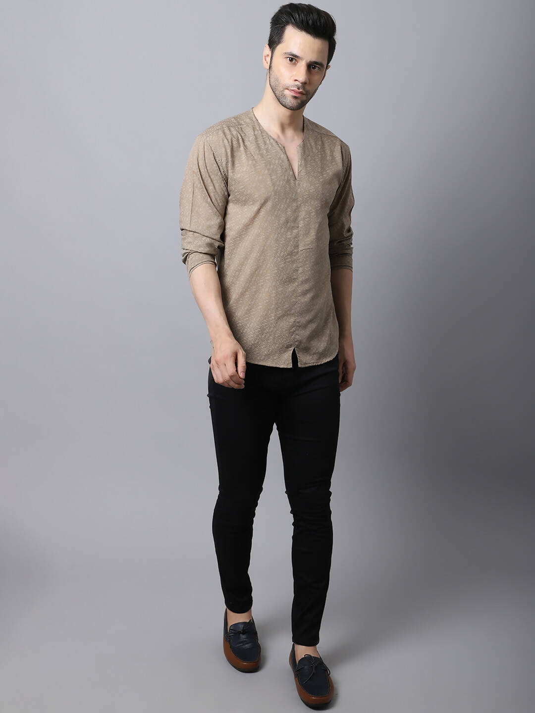 Even Apparels Beige Pure Cotton Round Neck Slit Men's Kurta | Swadesiicart