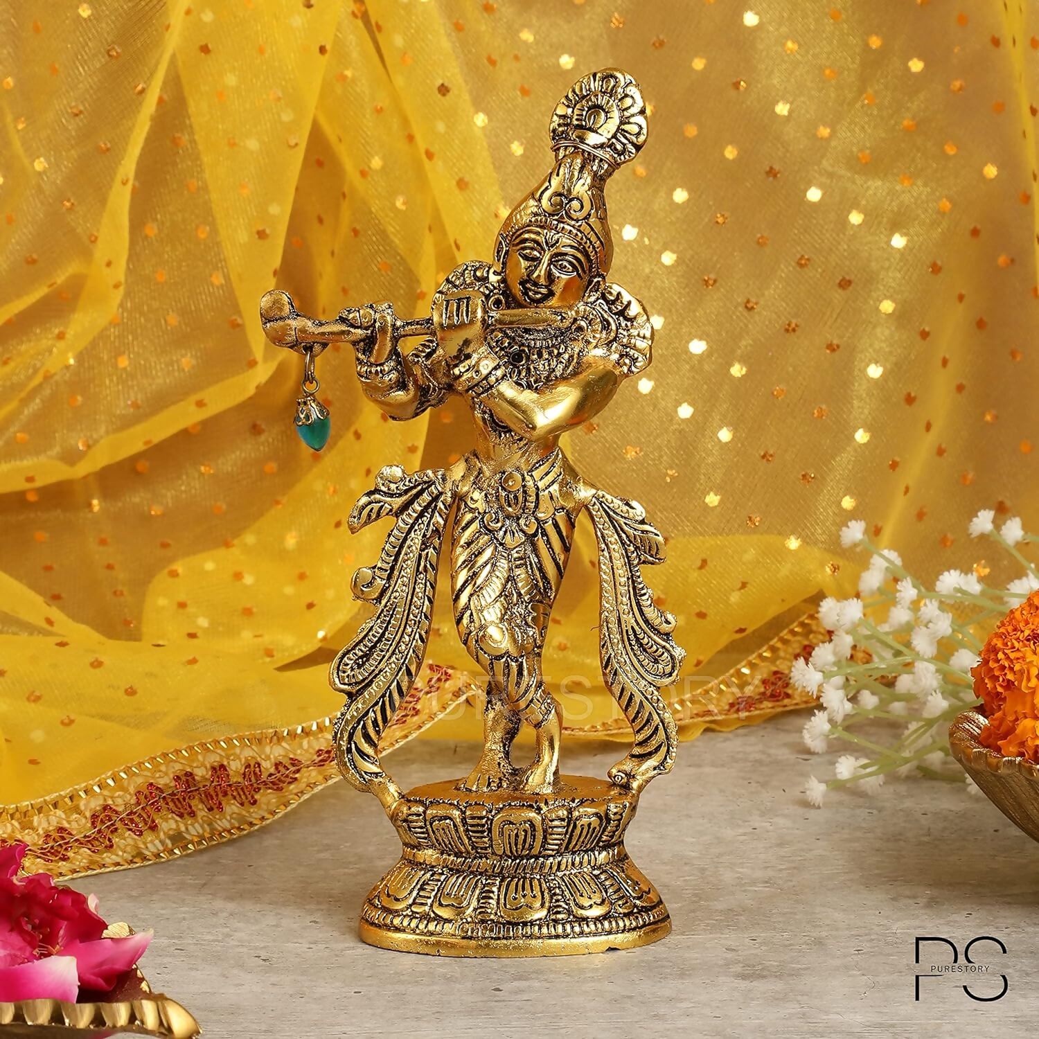 Purestory Lord Krishna Metal Statues Playing Flute - Swadesiicart