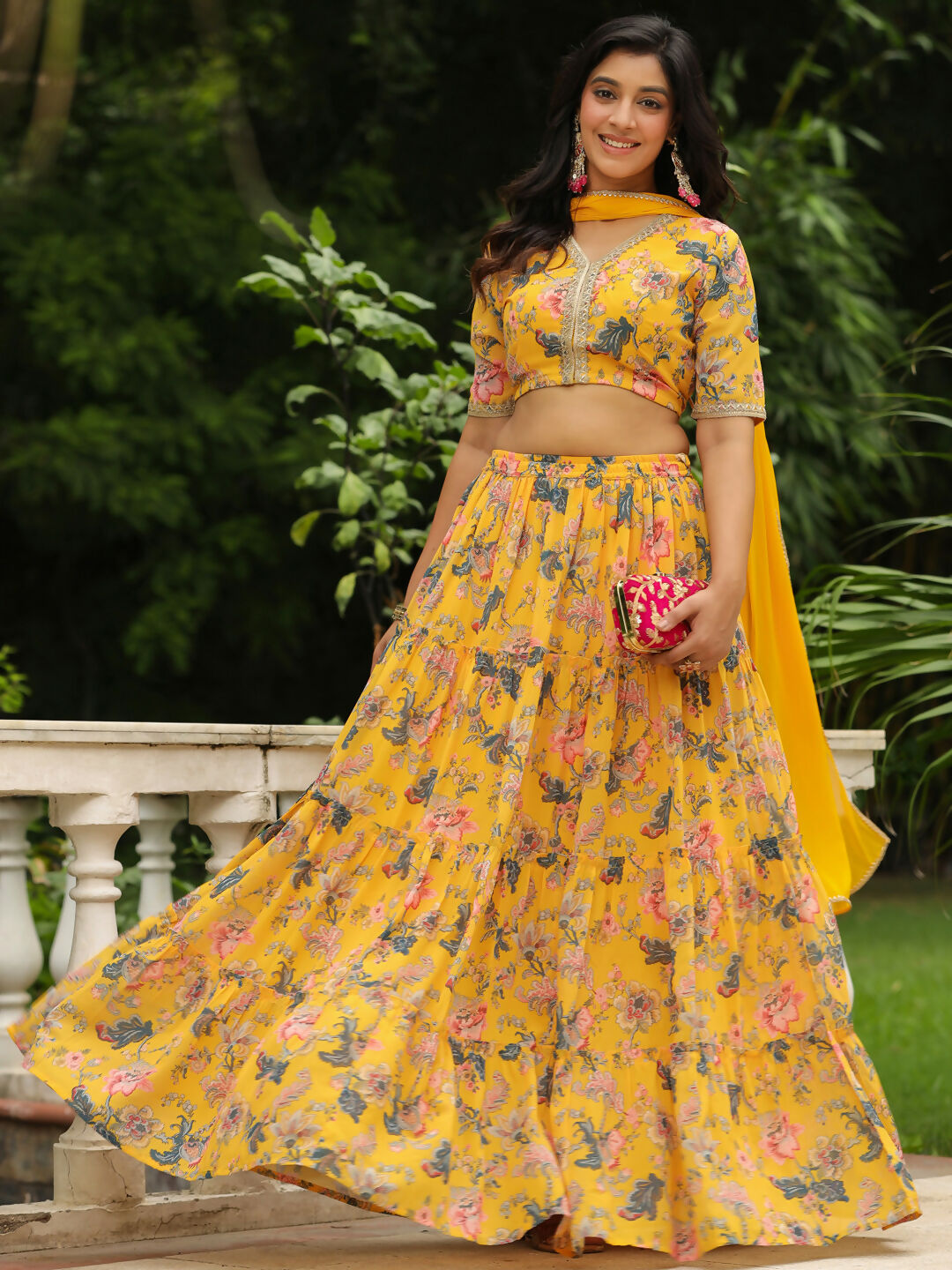 Janasya Yellow Georgette Floral Lehenga Choli Dupatta | Swadesiicart